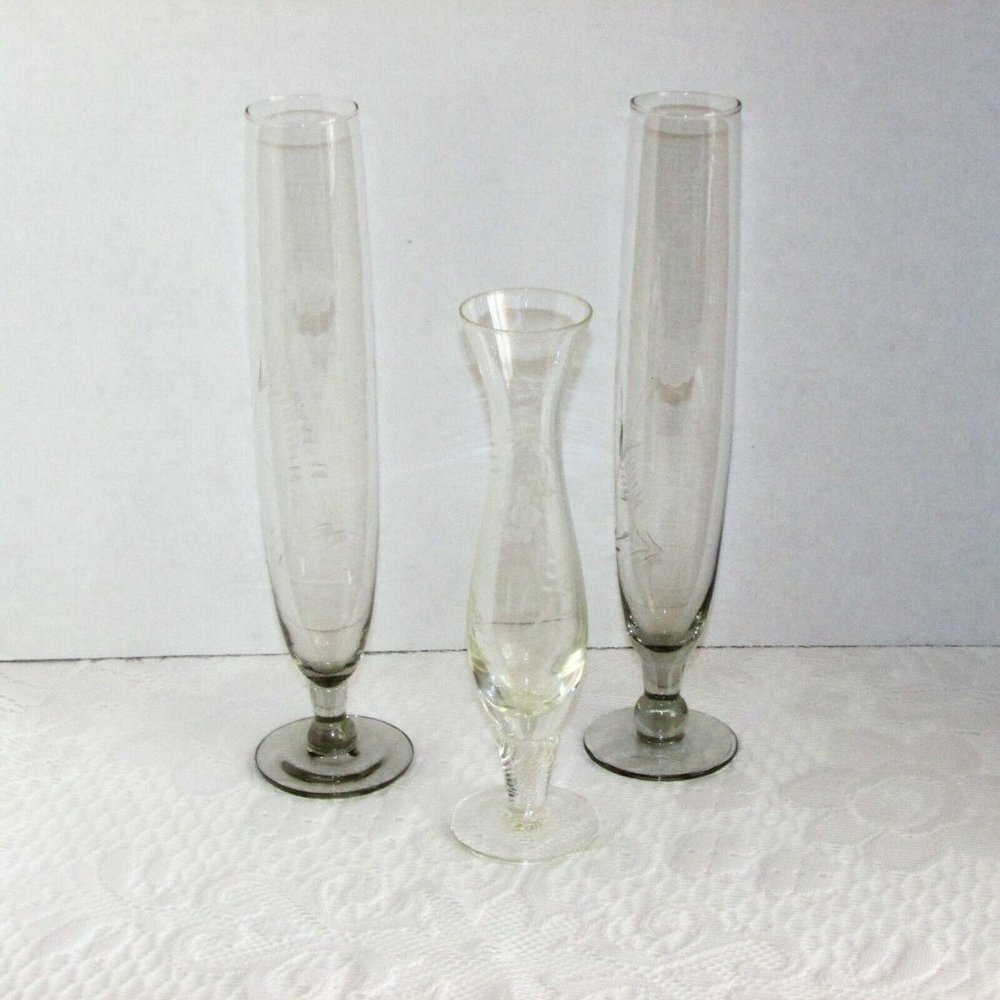 3 Vintage Bud Vases Clear Etched Flowers Floral Decor Cottagecore